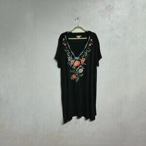 Caite Black Embroidered Floral Boho Swing Dress Sz 2X Midi India